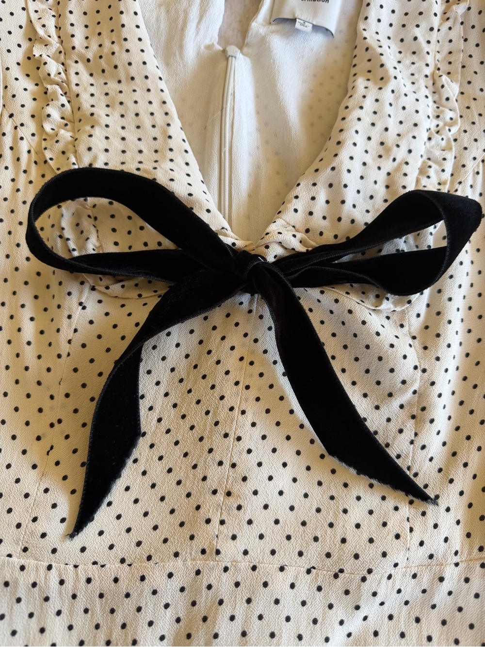 Reformation Cream Polka Dot Mini Dress with Black Tie - Picture 4 of 7